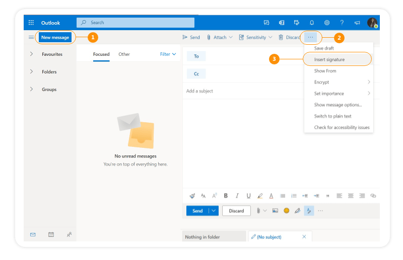 New message > More options > Insert signature