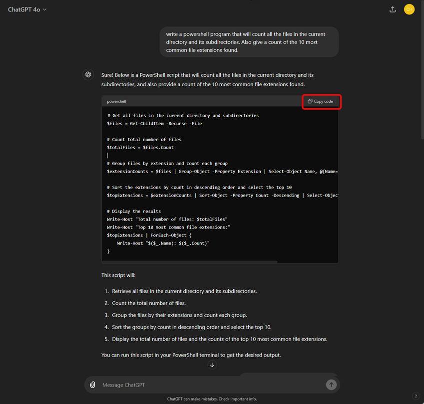 ChatGPT PowerShell conversation
