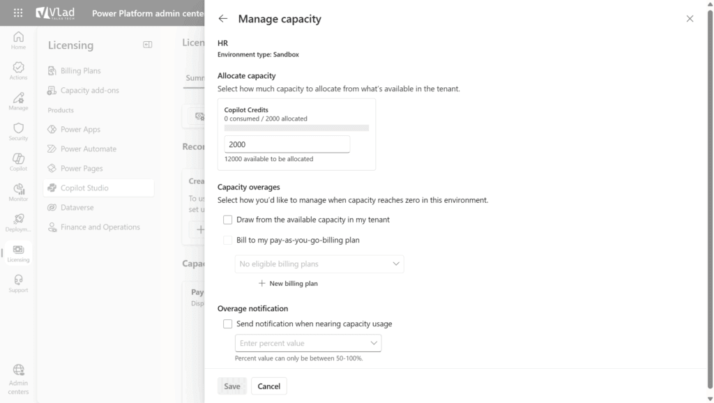 Copilot Studio manage credit capacity
