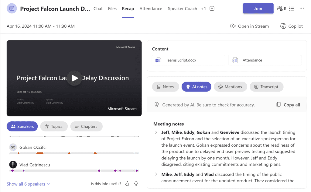 Copilot for Teams meeting recording and notes