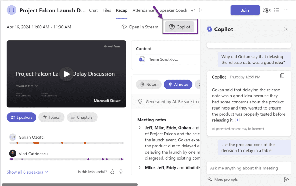 Copilot for Teams meeting recording and notes