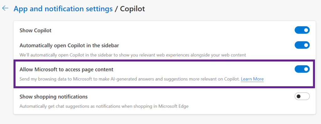 Copilot in Edge Settings