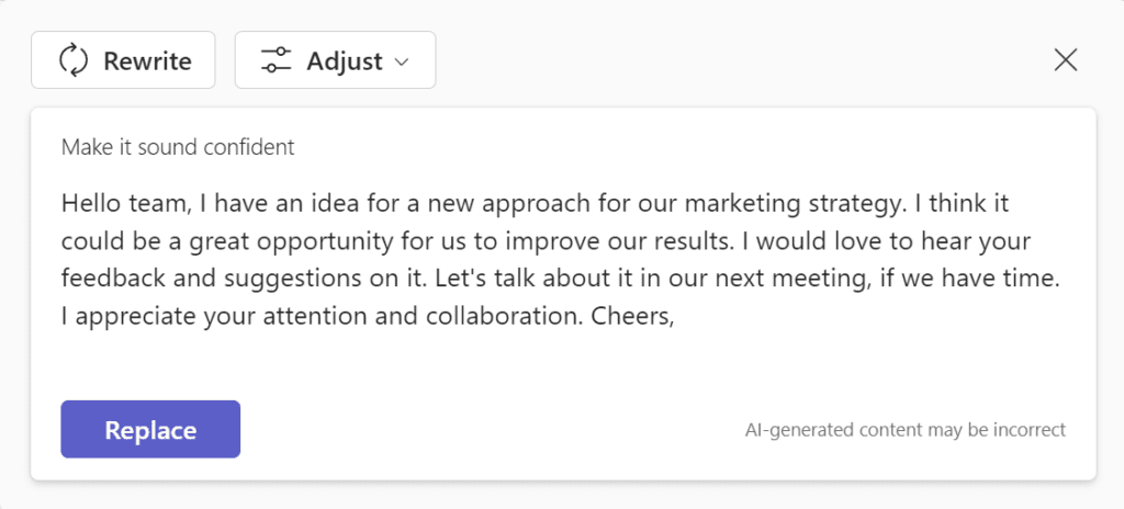 Copilot in the Teams compose box ai generated content