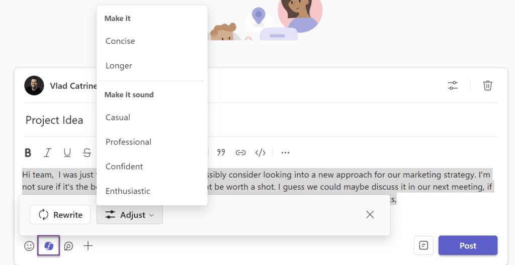 Copilot in the Teams compose box tone