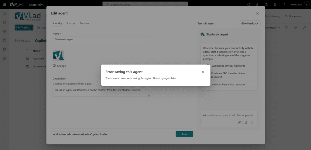 Error saving Copilot agent