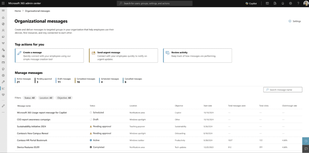 Organizational messages in M365 admin center