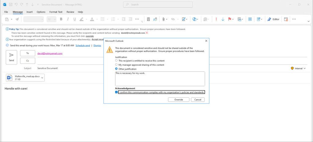 Outlook Block with Override Justification