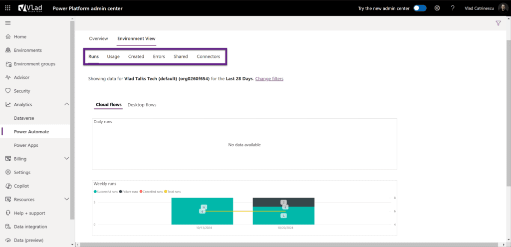 Power Platform admin center environment view