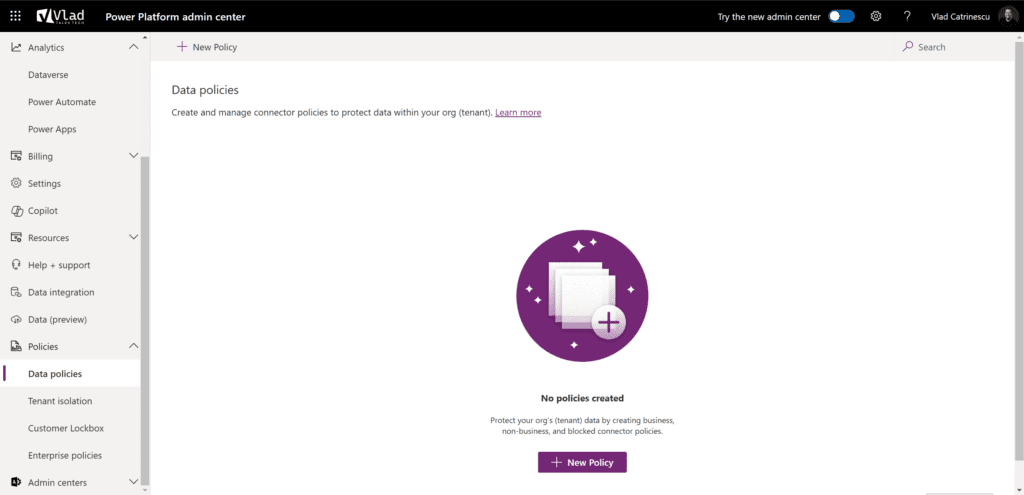 Power Platform admin center data policies