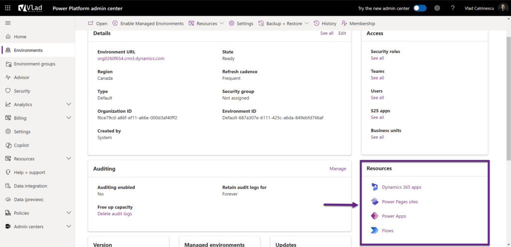 Power Platform admin center resources
