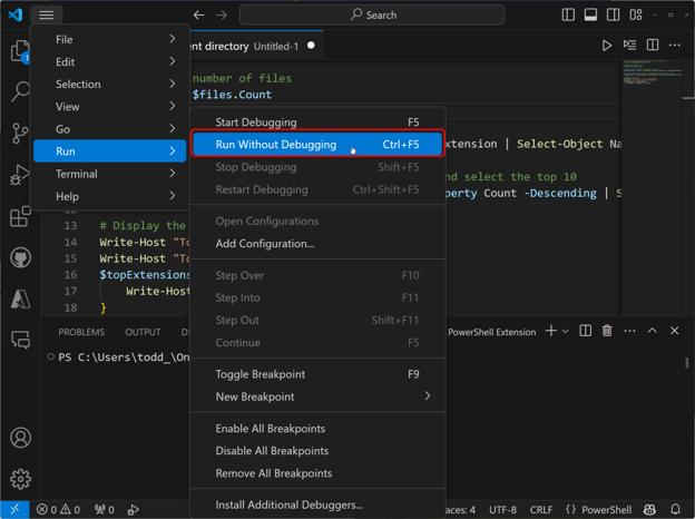 Run Without Debugging - PowerShell Scripting
