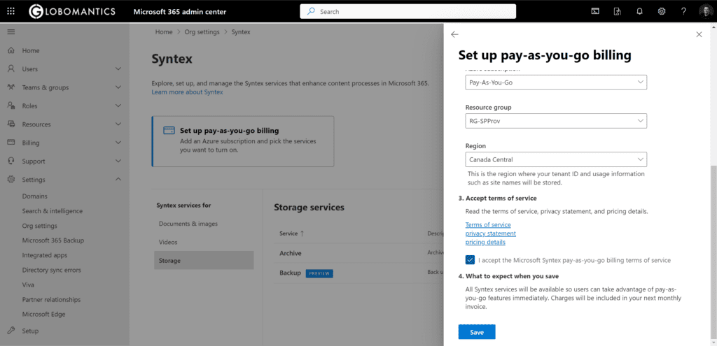 Set up pay-as-you-go Microsoft Archive