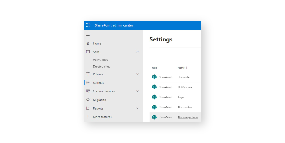 SharePoint Site storage limits settings
