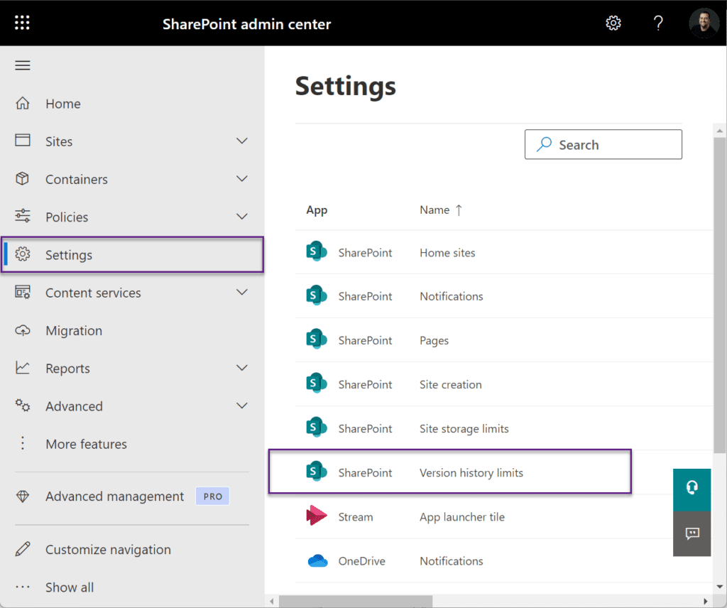 SharePoint admin center intelligent versioning