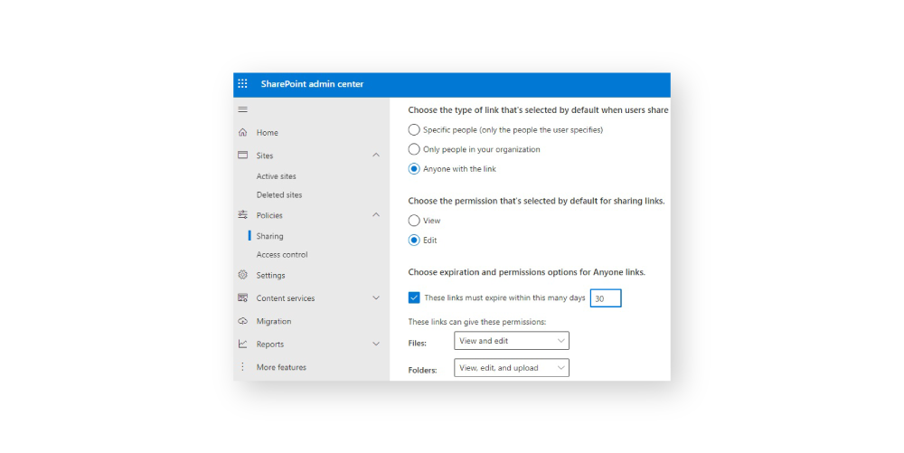 SharePoint links expiration policy