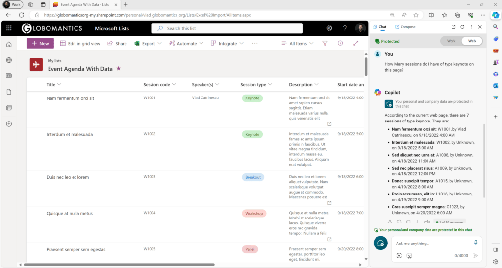 Using Copilot in Edge on Microsoft Lists