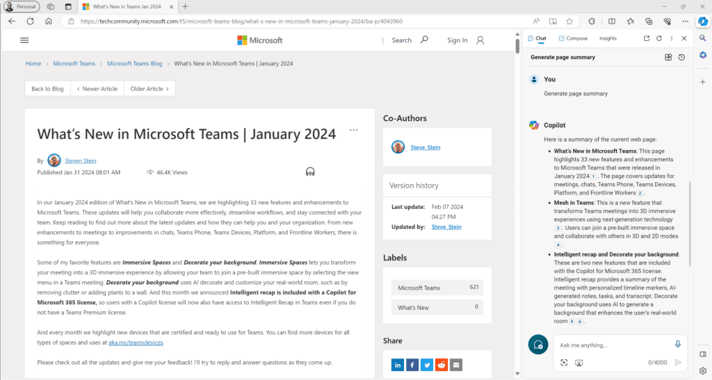 Using Copilot in Edge to Summarize Web Pages