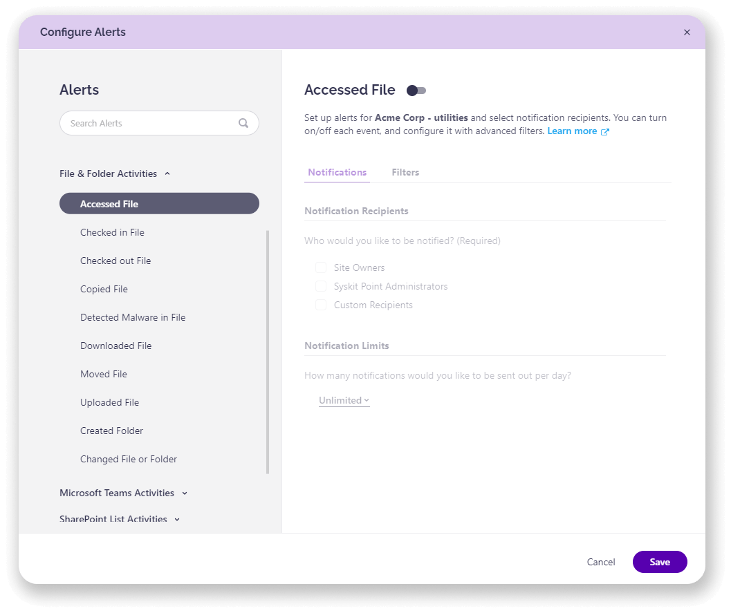 Syskit Point configure alert for files