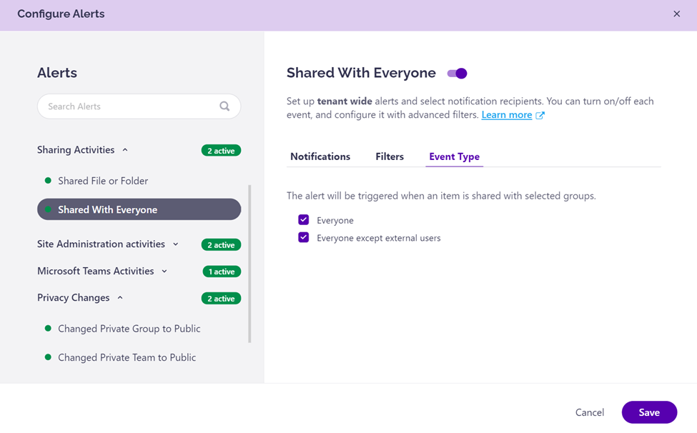Configure alerts for sharing activities M365