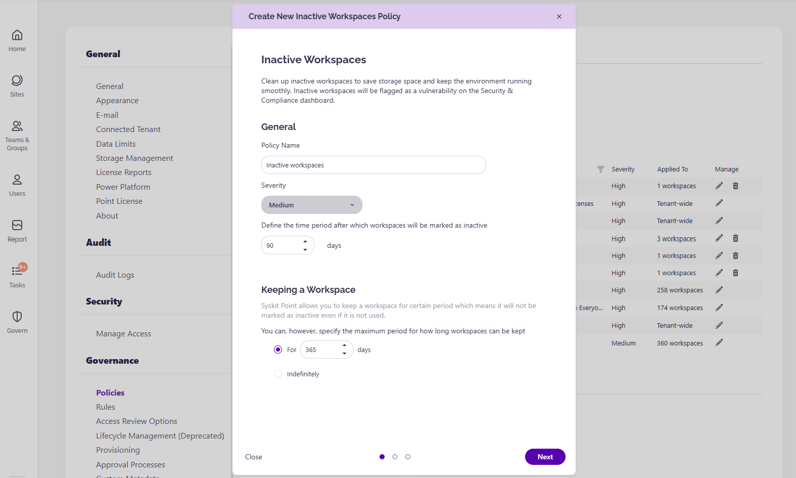 Inactive workspaces policy