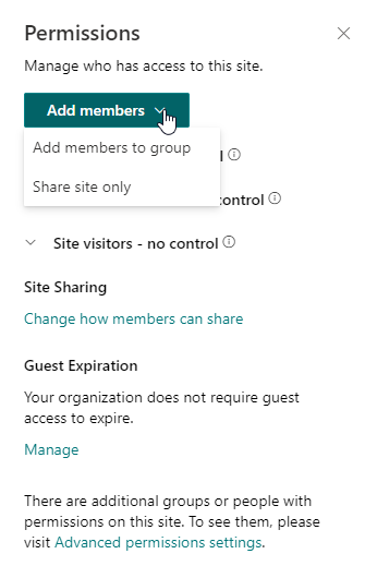 Microsoft Teams share site only