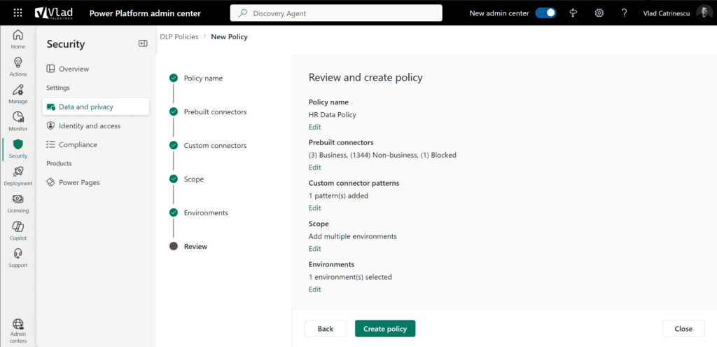 review and create policy power platform