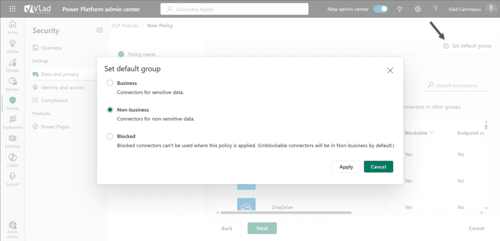 set default group power platform