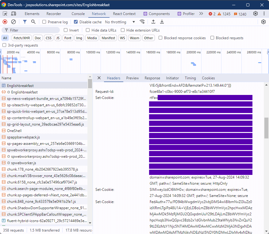 devtools cookies for sharepoint performance