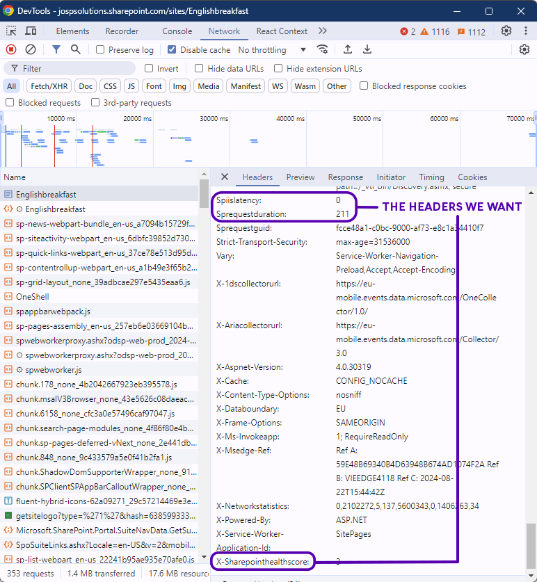 devtools headers for sharepoint page performance