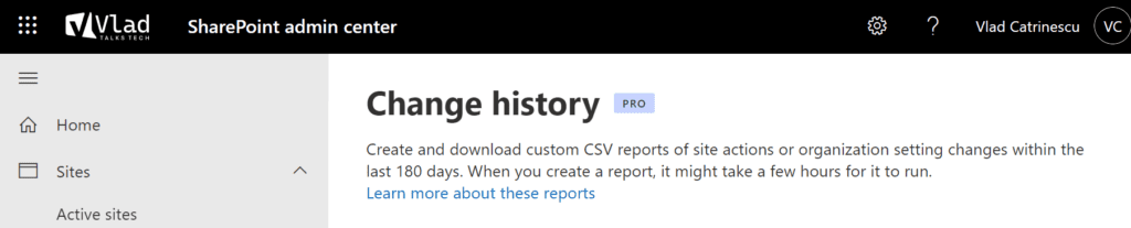 sharepoint admin center change history
