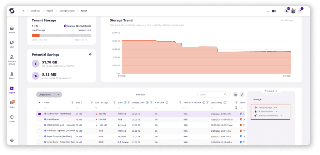 Storage management dashboard