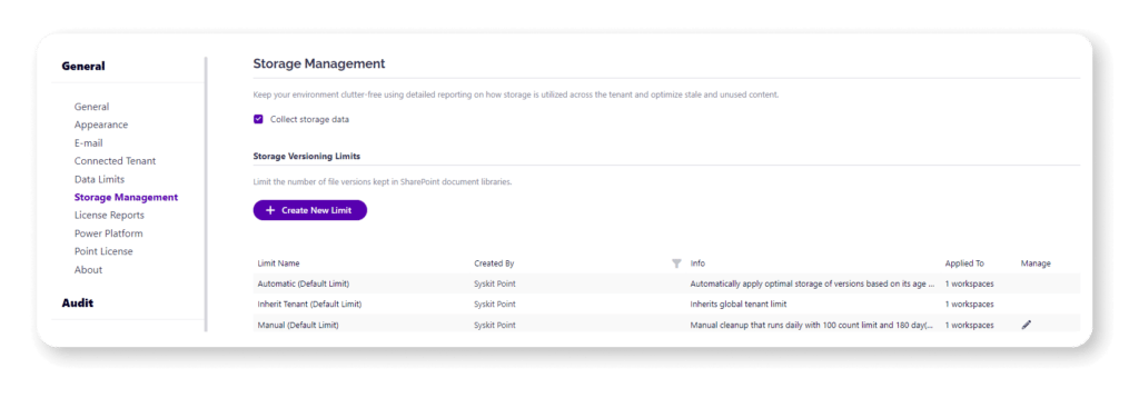 Syskit Point storage versioning settings
