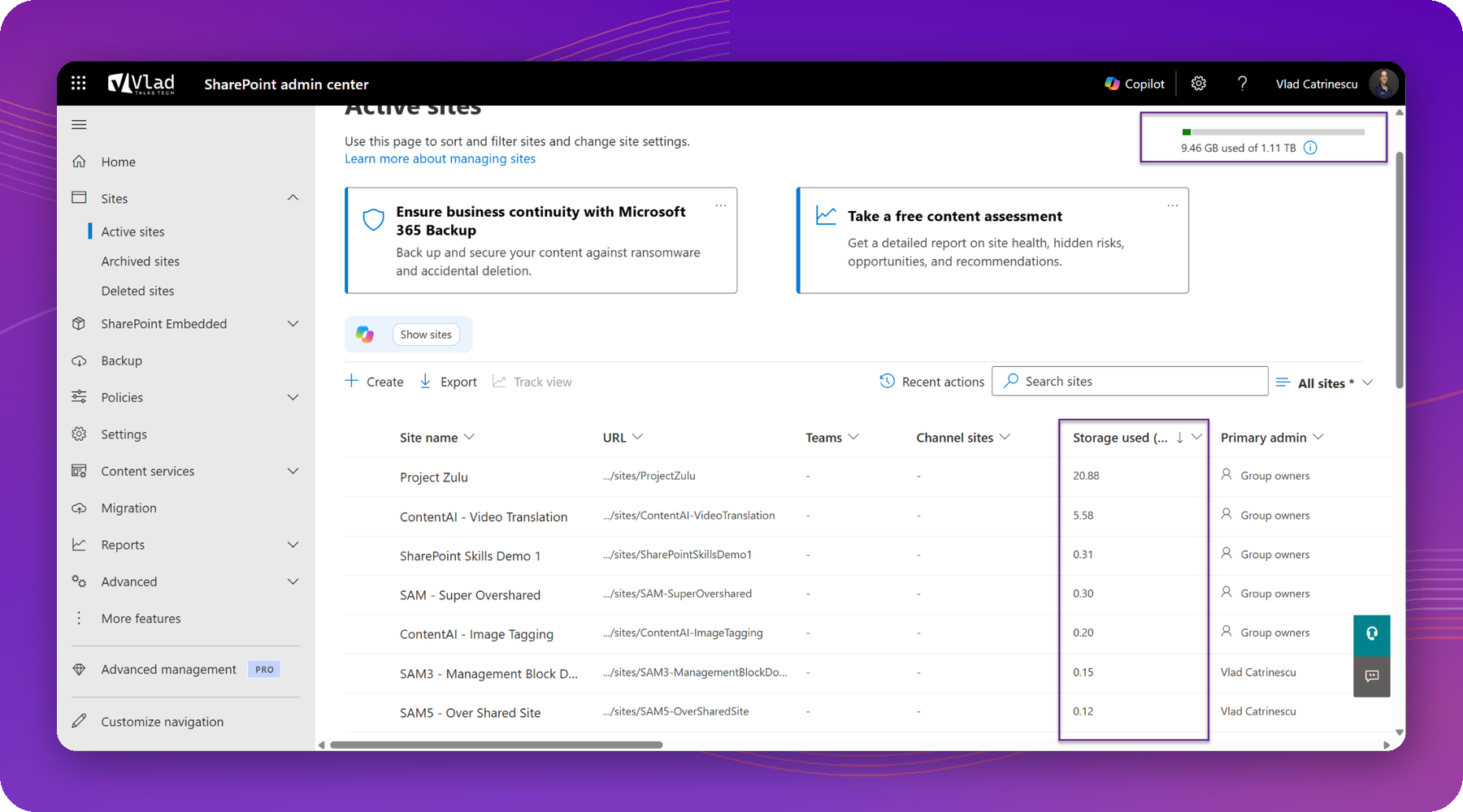 SharePoint admin center Active sites page showing storage usage by site and total tenant storage consumption.