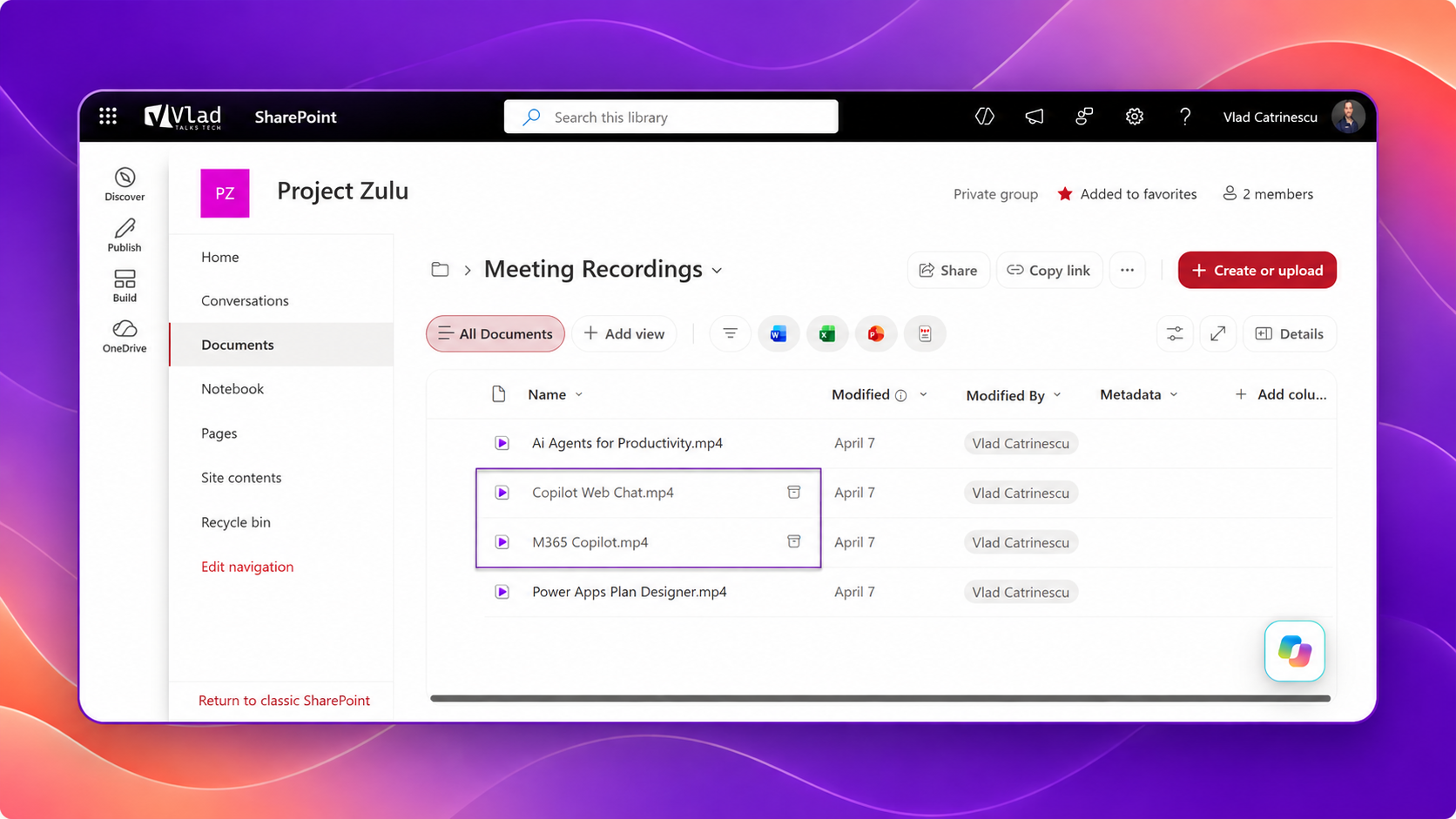 SharePoint document library showing meeting recording files, including Copilot Web Chat and Microsoft 365 Copilot videos