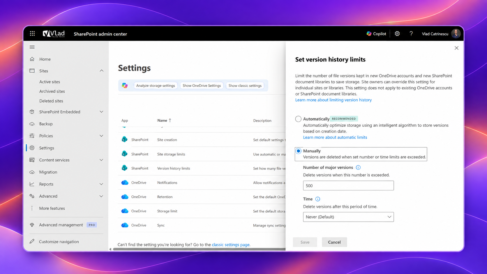 SharePoint admin center settings for configuring version history limits and storage optimization