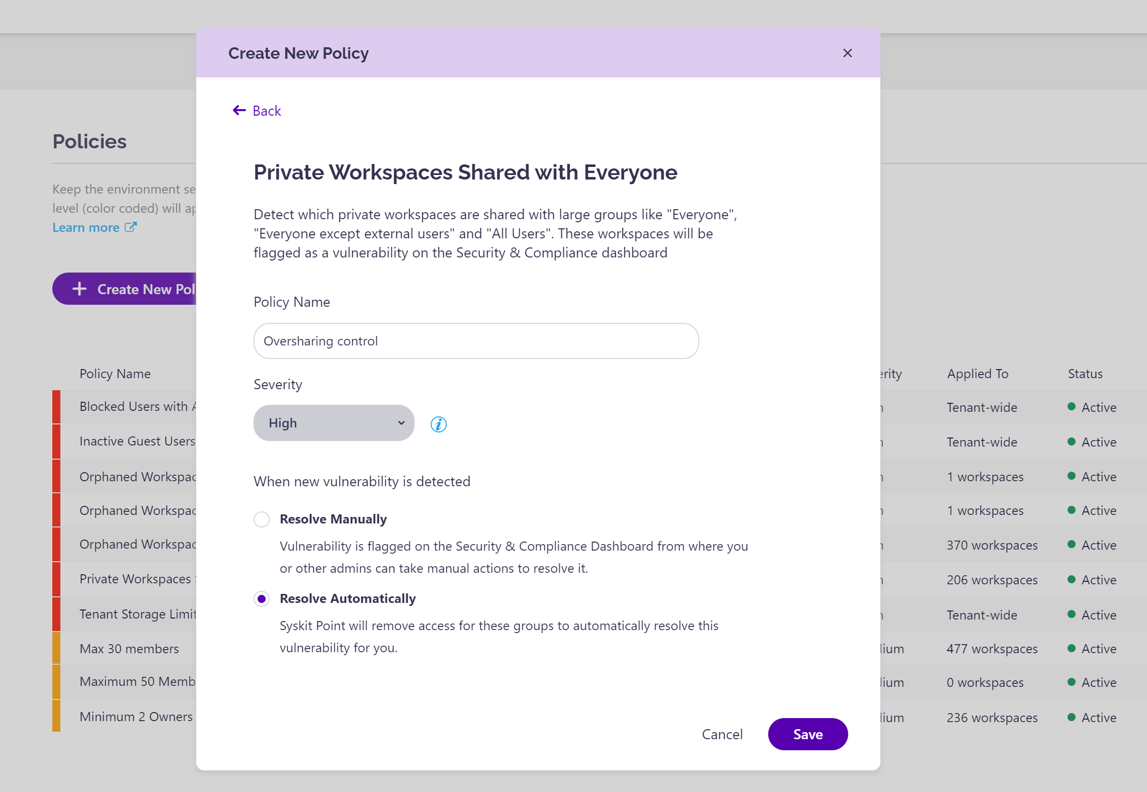 Create a new policy - Oversharing
