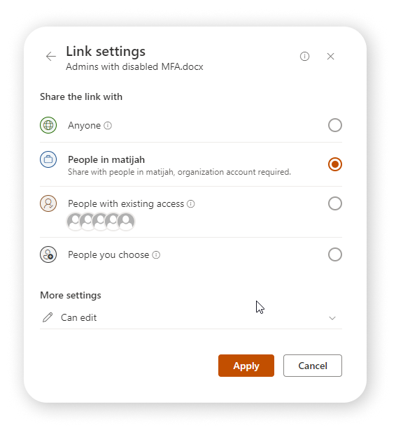 sharing link settings in Microsoft 365 Groups