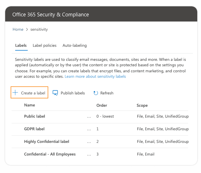 Office 365 sensitivity labels step 1