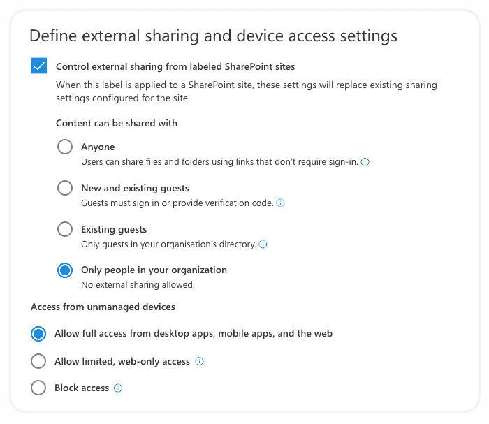 Define external sharing in Office 365 sensitivity label