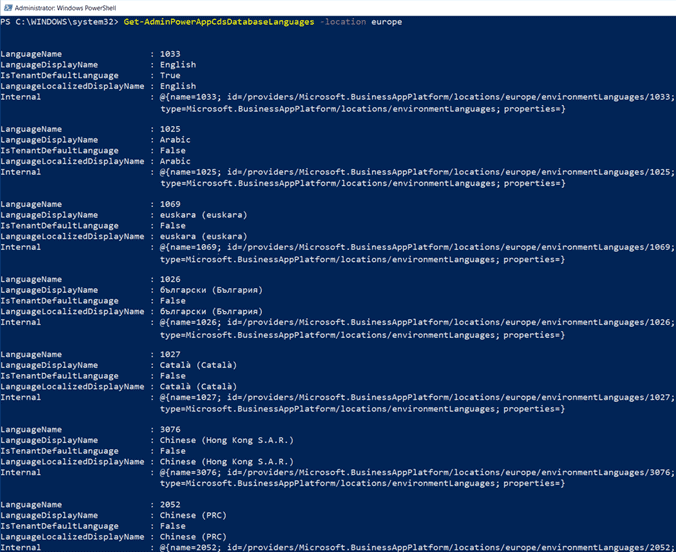 List Languages Common Data Service Database Location