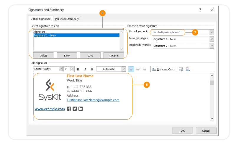 Edit signature > Select email E-mail account