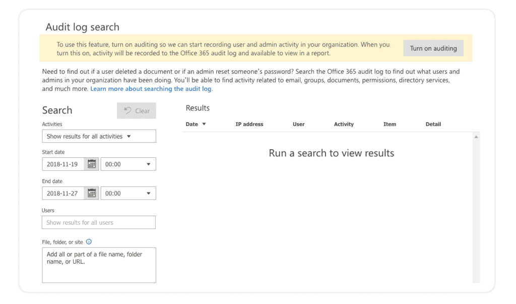 Audit log search for office 365 security