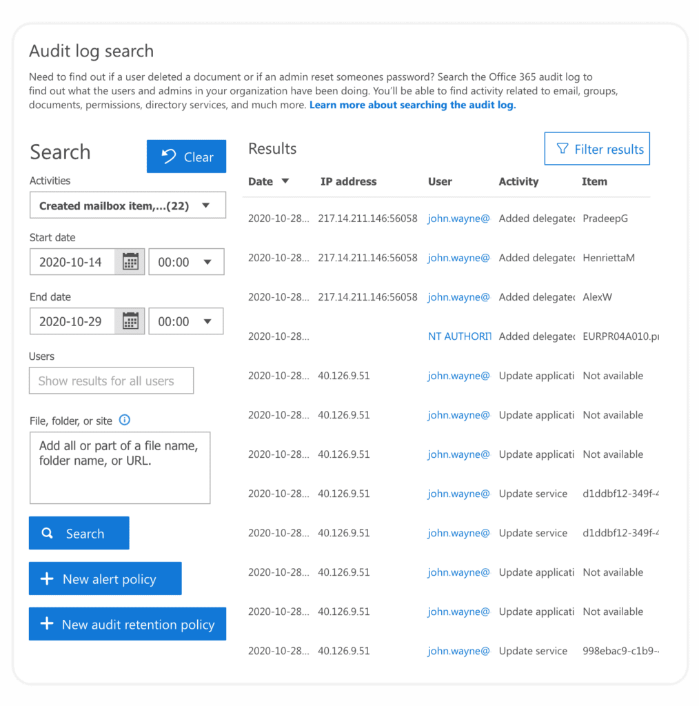 Exchange Online Audit log search