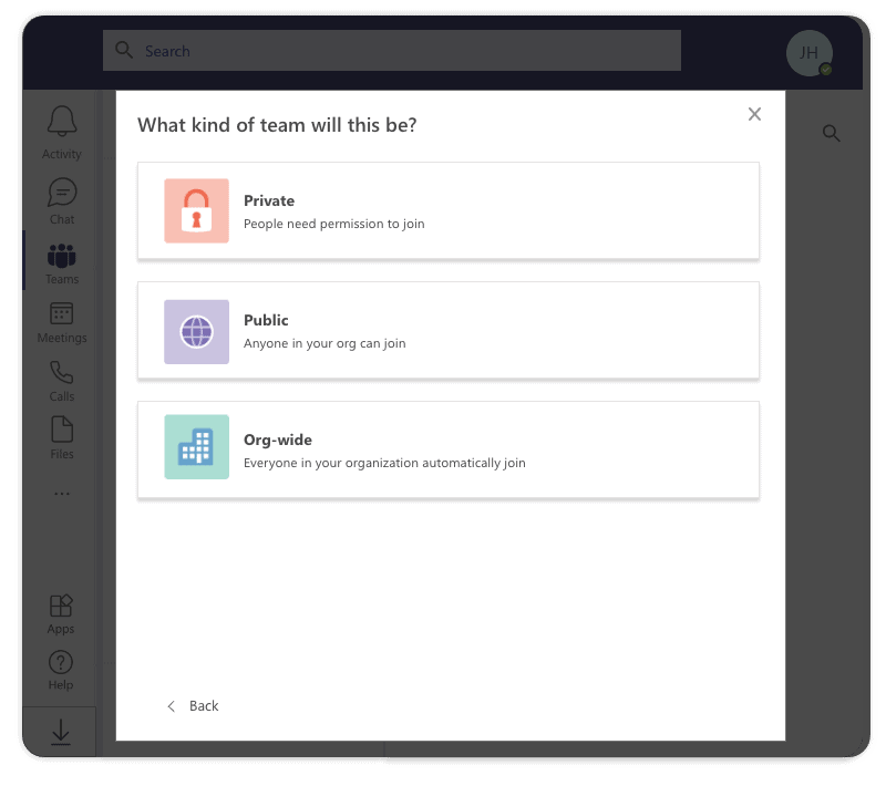 Make Microsoft team private, public, organization-wide