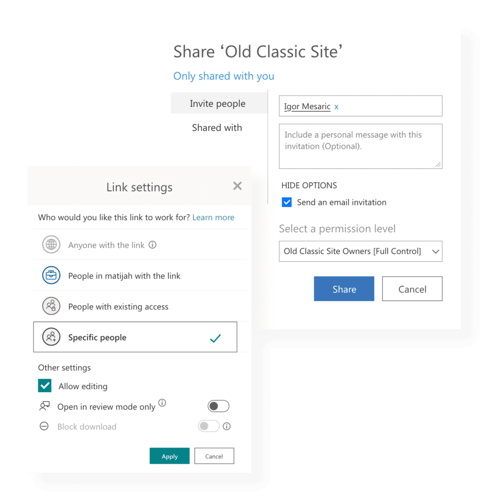 classic vs modern SharePoint sharing 