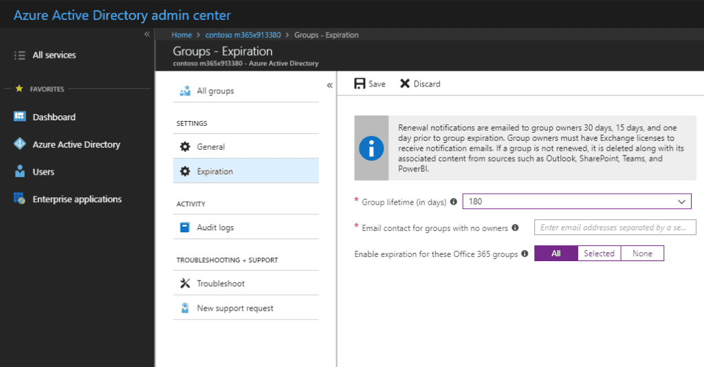 Office 365 Groups Expiration Policy - Azure Active Directory admin center