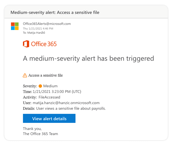 Office 365 alert has been triggered