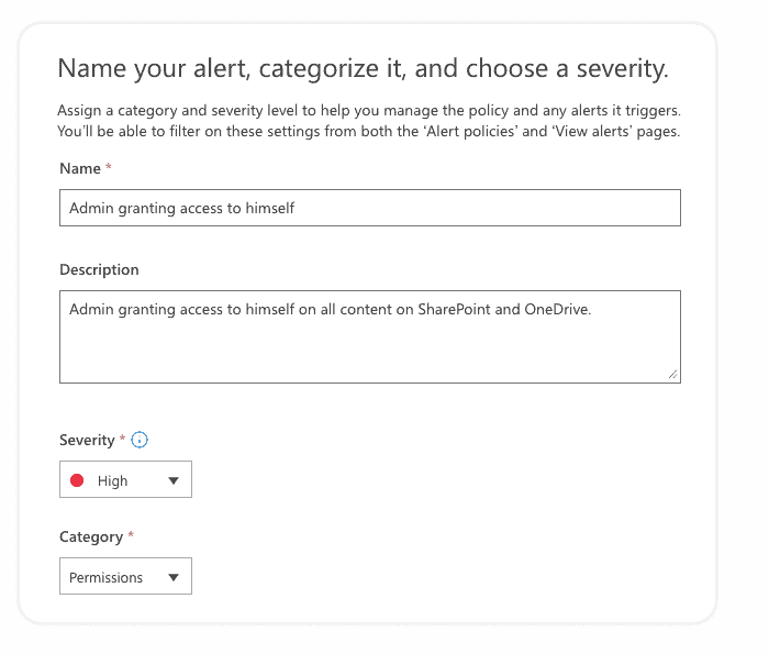 Create Office 365 security alert - Name your alert