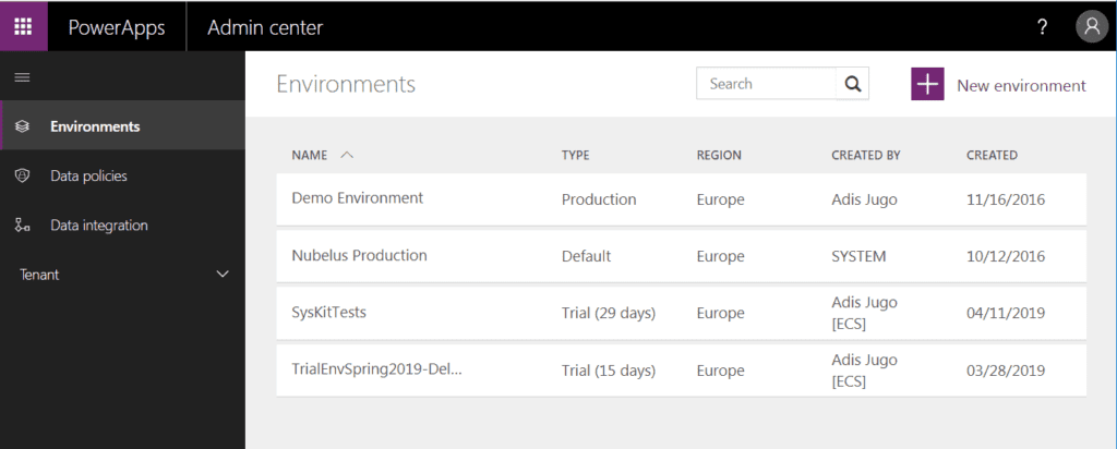 Microsoft PowerApps Environments Admin Center