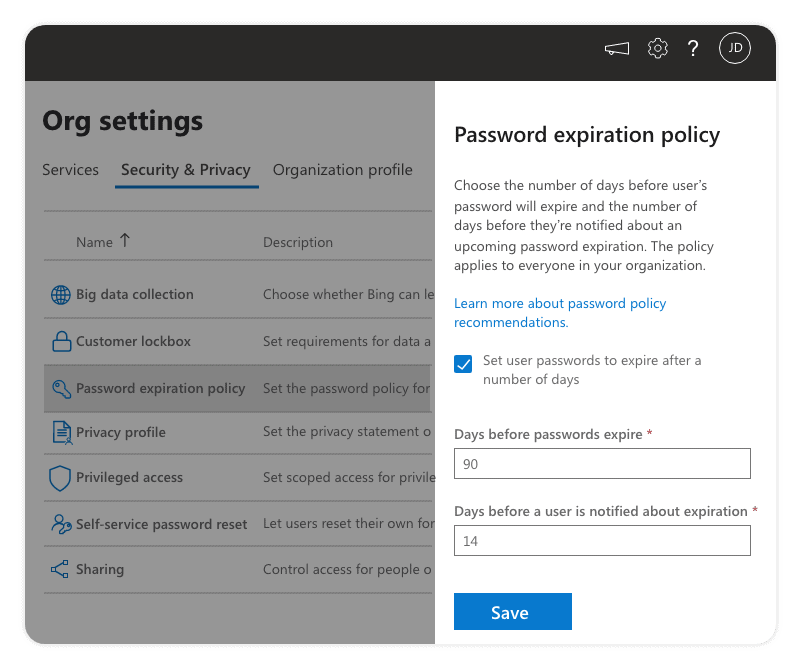 Password expiration policy Office 365